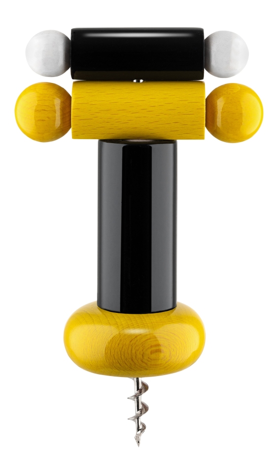 Alessi Korkenzieher ES17, schwarz, gelb und weiß. Design Korkenzieher aus Holz und Metall.