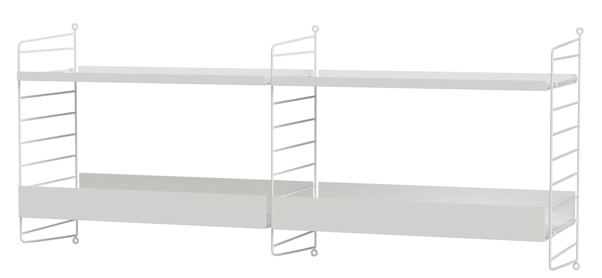 Weißes String Regal Wandregal mit zwei Regalböden und filigranen, weißen Metallleitern.