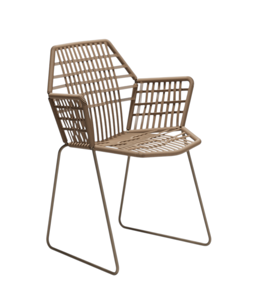 Tropicalia TR1 Armchair Outdoor Armlehnenstuhl von Moroso, beige, geflochten, mit filigranem Metallgestell für den Garten.