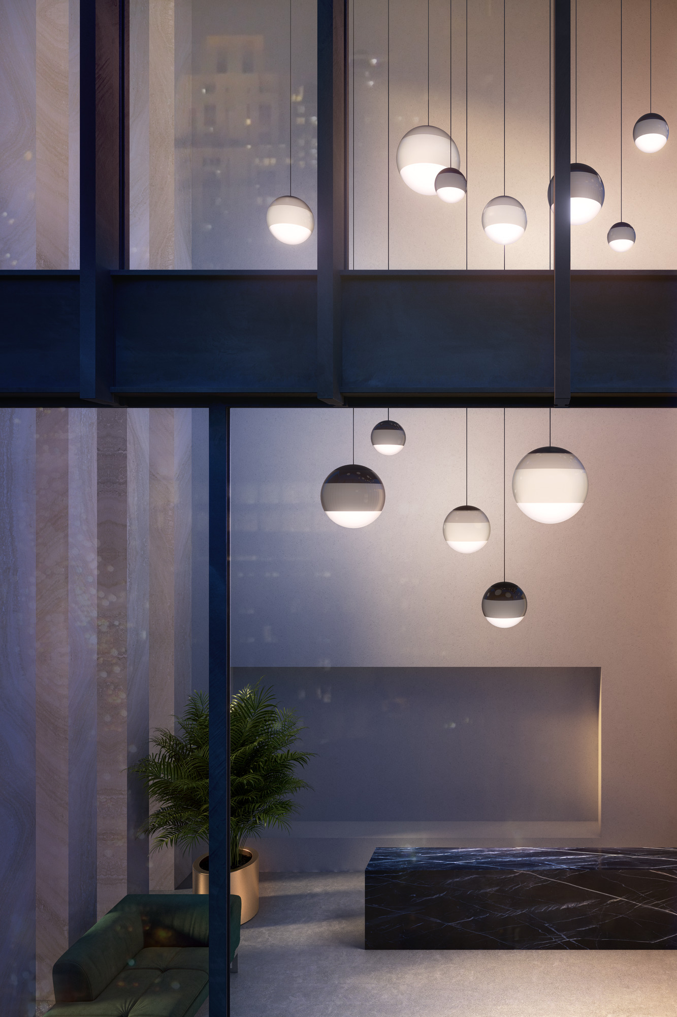 Mehrere Dipping Light Pendelleuchten von Marset in Bernstein hängen in einem modernen Interieur.