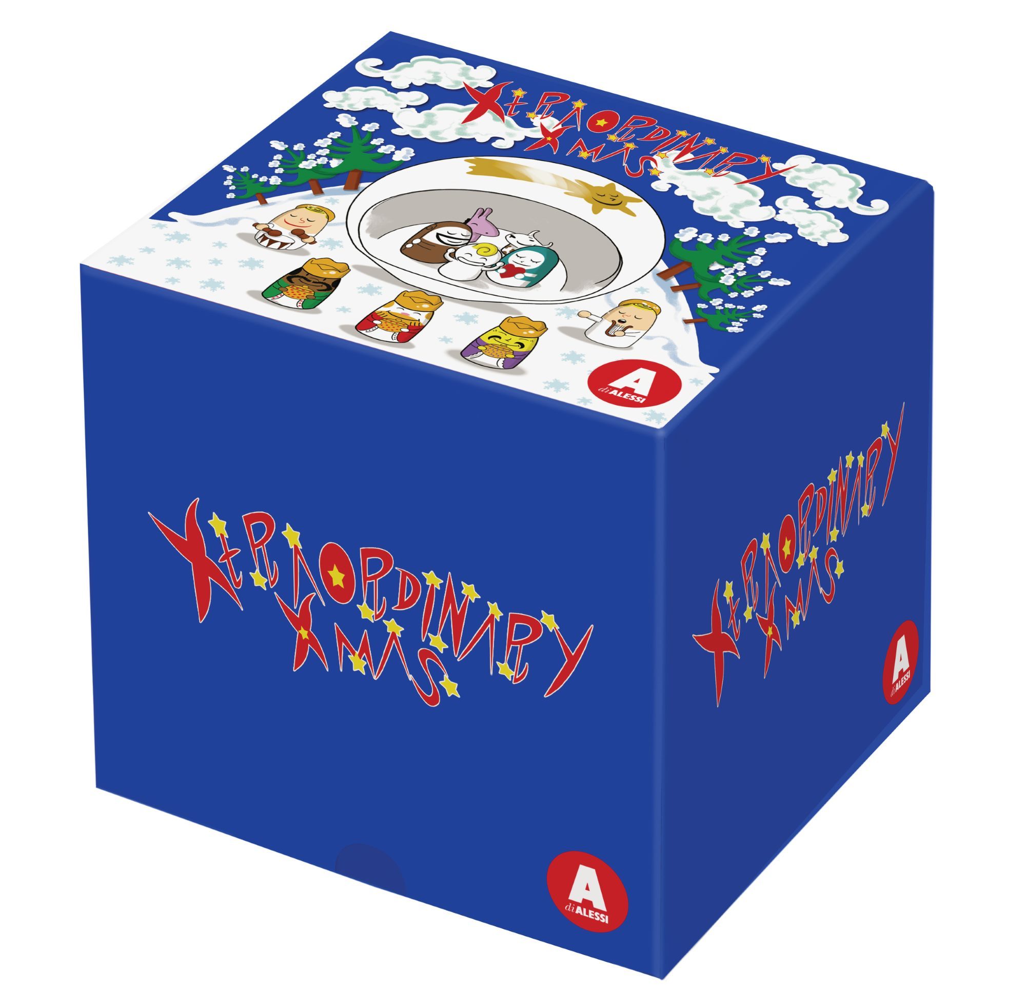 Verpackung der Alessi Weihnachtskrippe AMGI10SET mit Krippenfiguren und Winterlandschaft Illustrationen.