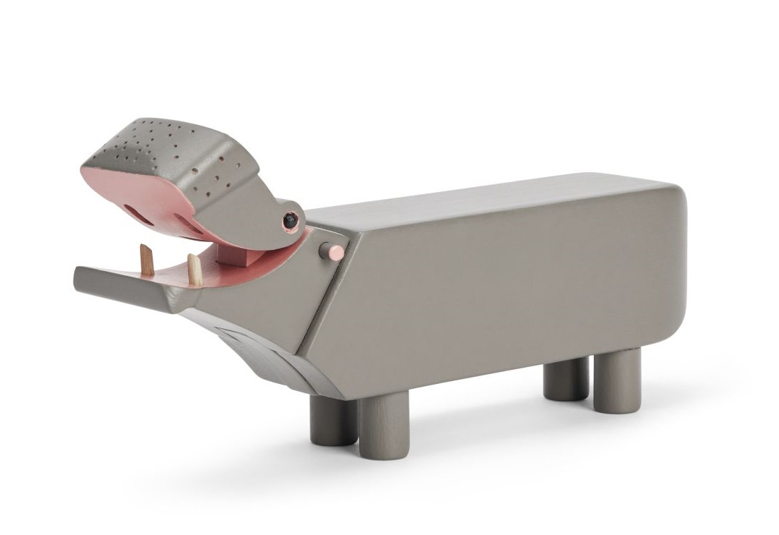 Graues Kay Bojesen Flusspferd aus Holz, ein dänisches Designobjekt und Spielzeug für Kinder.