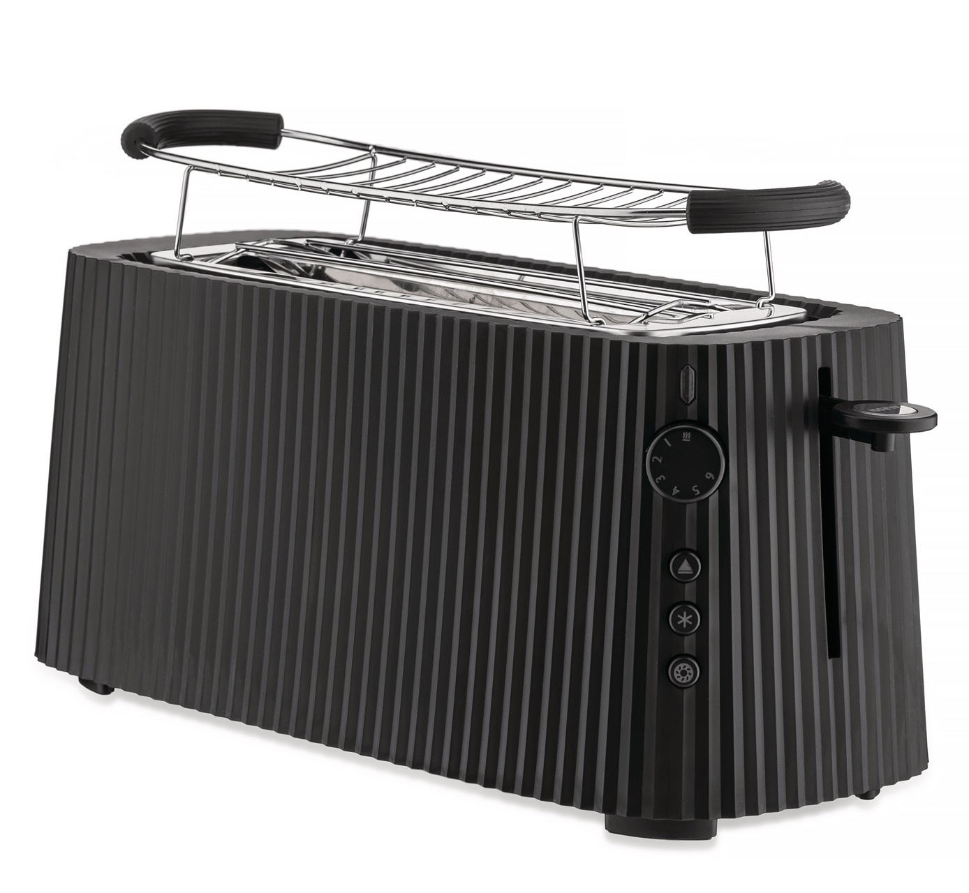 Schwarzer Alessi Plissé Toaster XXL mit Brötchenaufsatz, ideal für knusprige Toastscheiben und Brötchen.