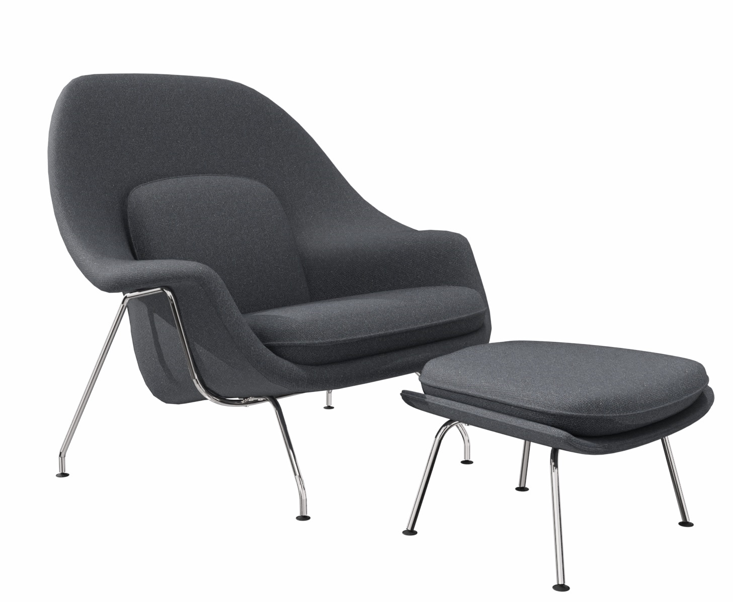 Grauer Womb Sessel mit Hocker von Knoll International, moderner Relaxsessel mit Chromgestell für Wohnzimmer.