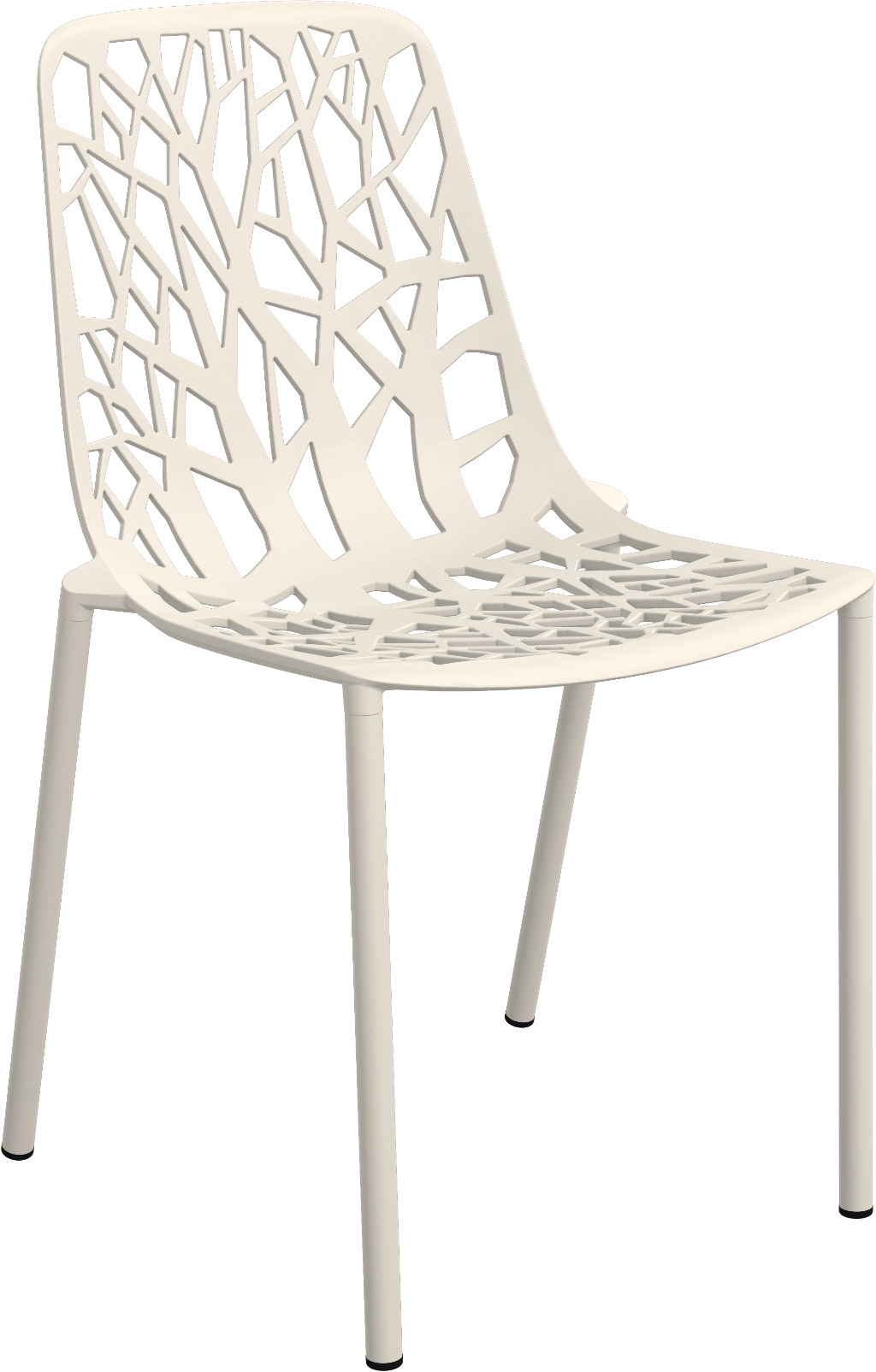 Cremeweißer Forest Stuhl mit filigranem, baumartigen Muster für den Außenbereich. Gartenstuhl aus Kunststoff.
