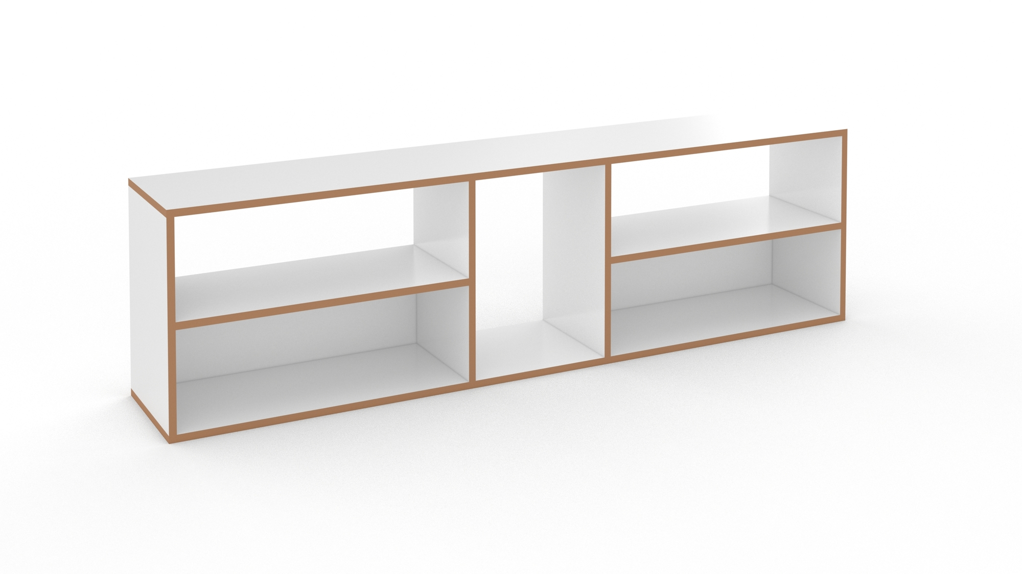 Weißes, niedriges Hanibal Regal von Tojo mit Holzumrandung und mehreren Fächern.