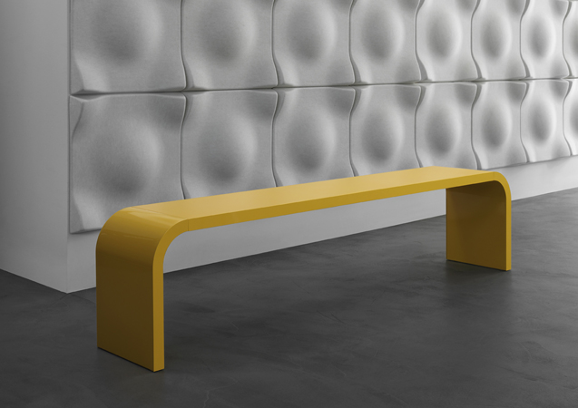 Gelbe M11 Highline Bank von Mueller Moebelfabrikation, modernes Design für Wartebereiche und Lounges.