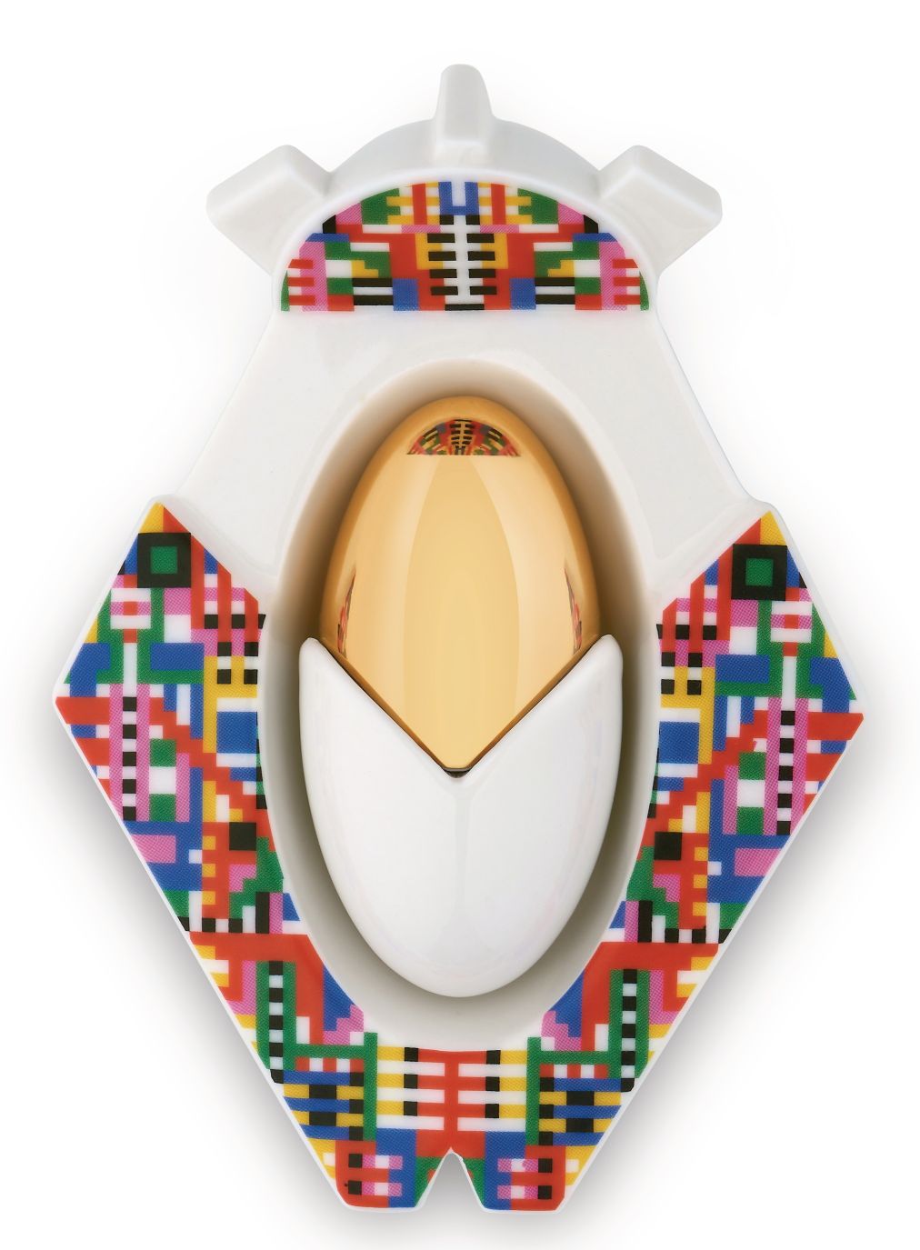 Alessi Jesus Porzellanfigur ESA05: Goldene Figur in weißer Halterung mit bunten Pixelmustern. Dekoratives Einzelstück.