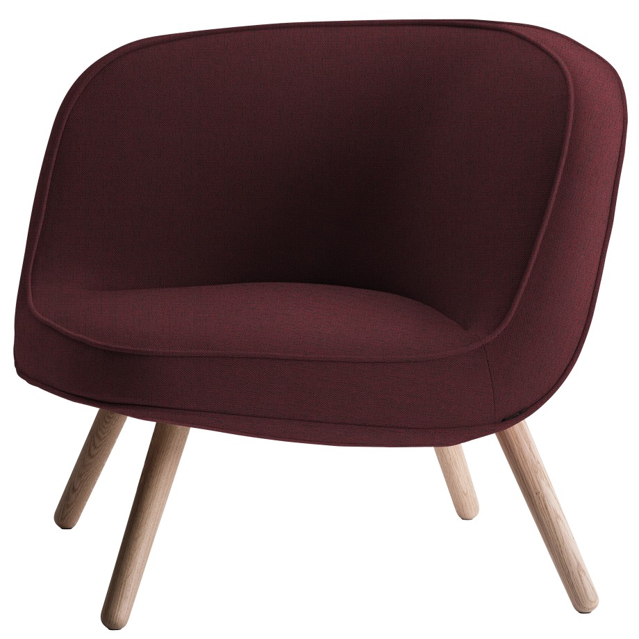 Via57 Sessel von Fritz Hansen, moderner Loungesessel in Bordeauxrot mit hellen Holzfüßen für Wohnzimmer.