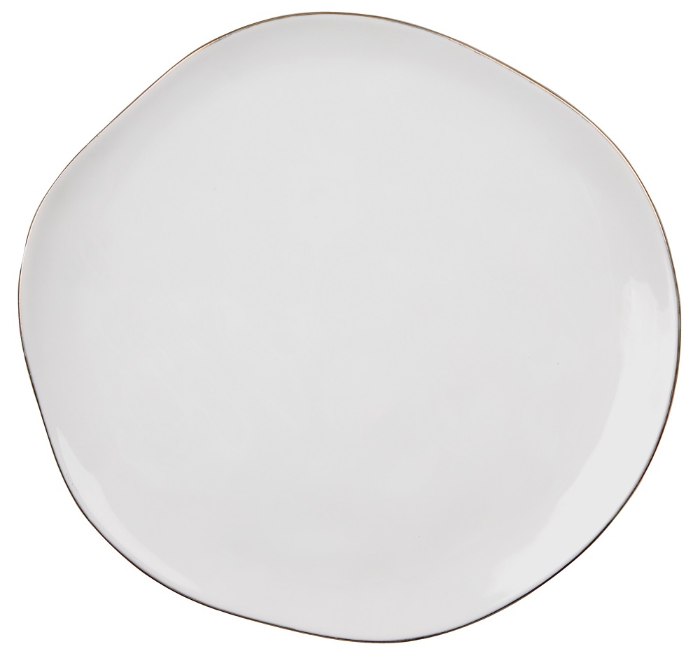Weißer, großer Speiseteller mit unregelmäßiger Form und Goldrand. Räder DINING Mix & Match.