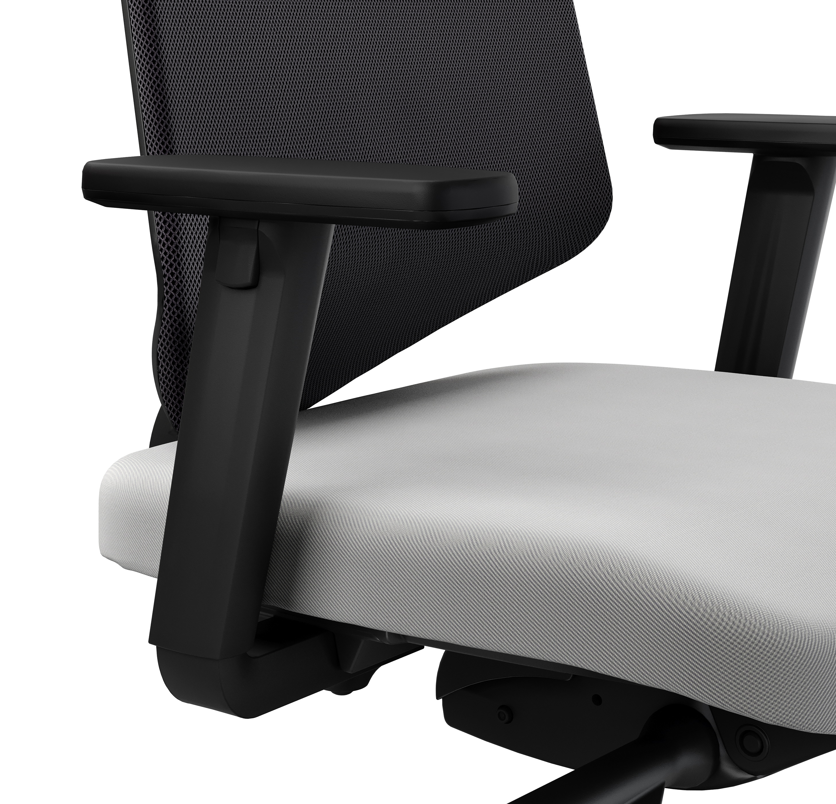 Detailaufnahme HUG.Y Bürodrehstuhl von König und Neurath: Grauer Sitz, schwarze Armlehnen und Netzrückenlehne. Ergonomischer Bürostuhl.