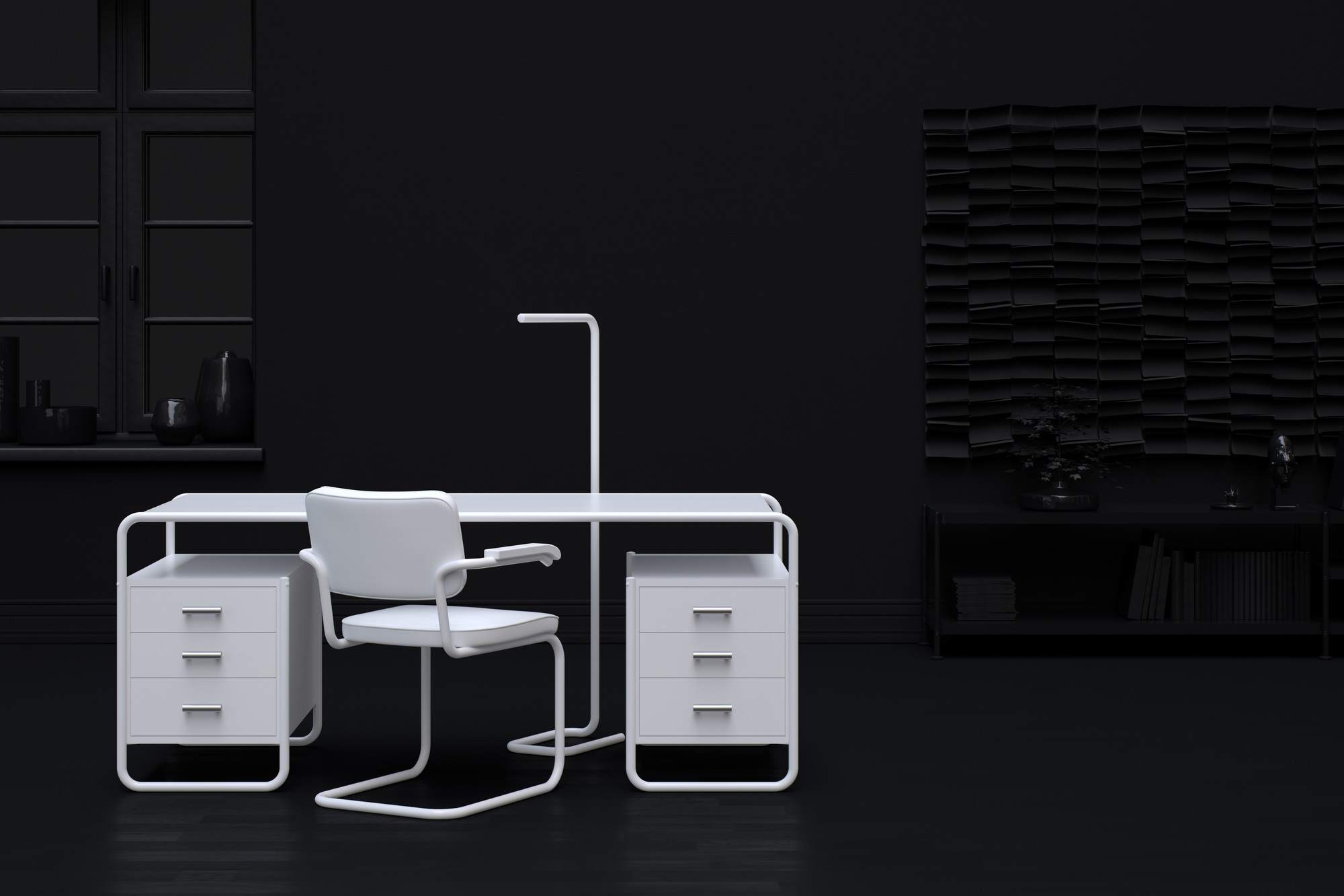 Weißer S 285 Stahlrohr Schreibtisch von Thonet mit passendem Stuhl und Schubladenelementen vor schwarzem Hintergrund.