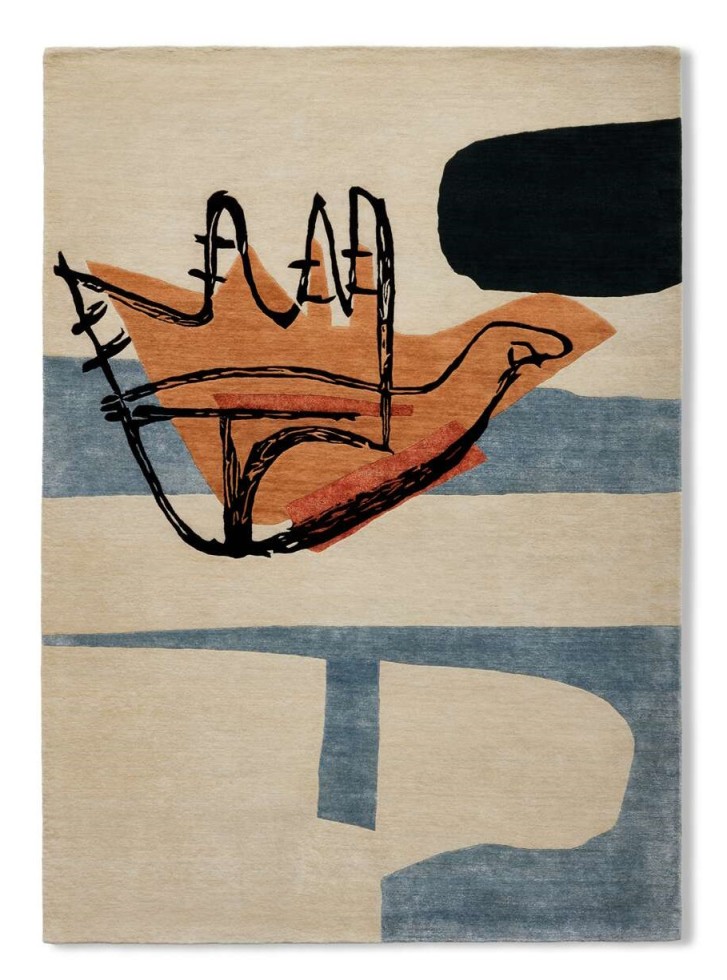Tapis La Main Ouverte Teppich von Cassina mit abstraktem Hand-Motiv in Beige, Blau, Schwarz und Orange.