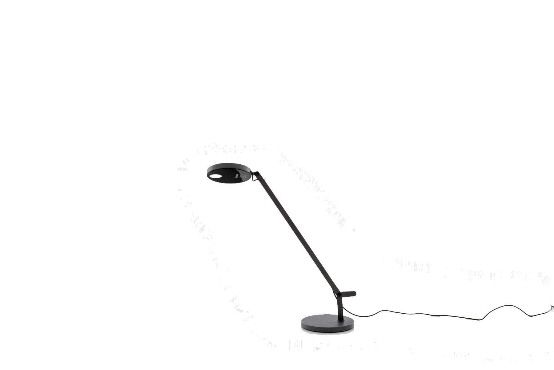 Schwarze Artemide Demetra Micro Tischleuchte mit rundem Lampenkopf und verstellbarem Arm. Designleuchte für Schreibtisch.