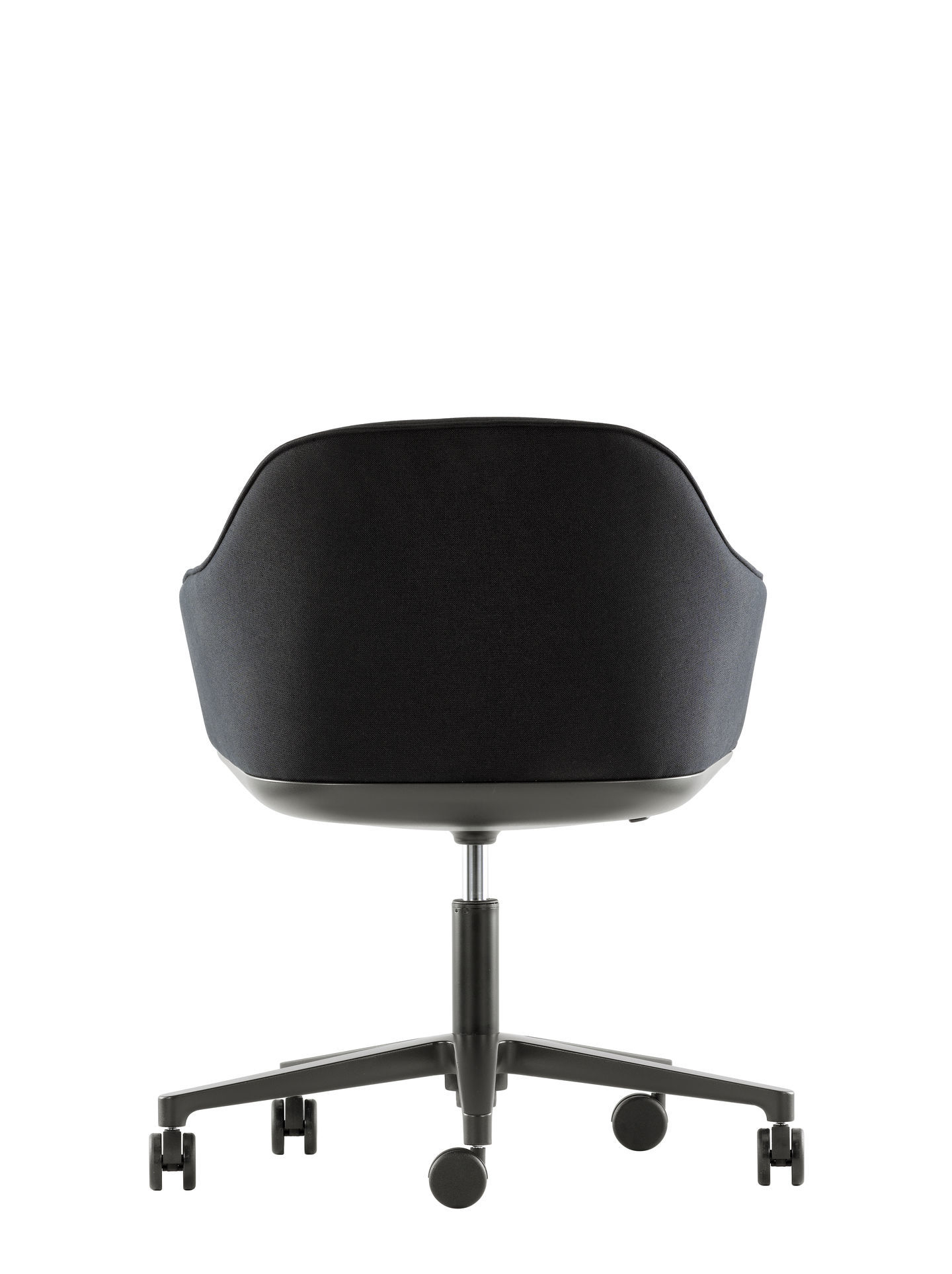 Rückansicht: Schwarzer Softshell Chair Drehstuhl von Vitra mit Fünfsternfuß und Rollen.