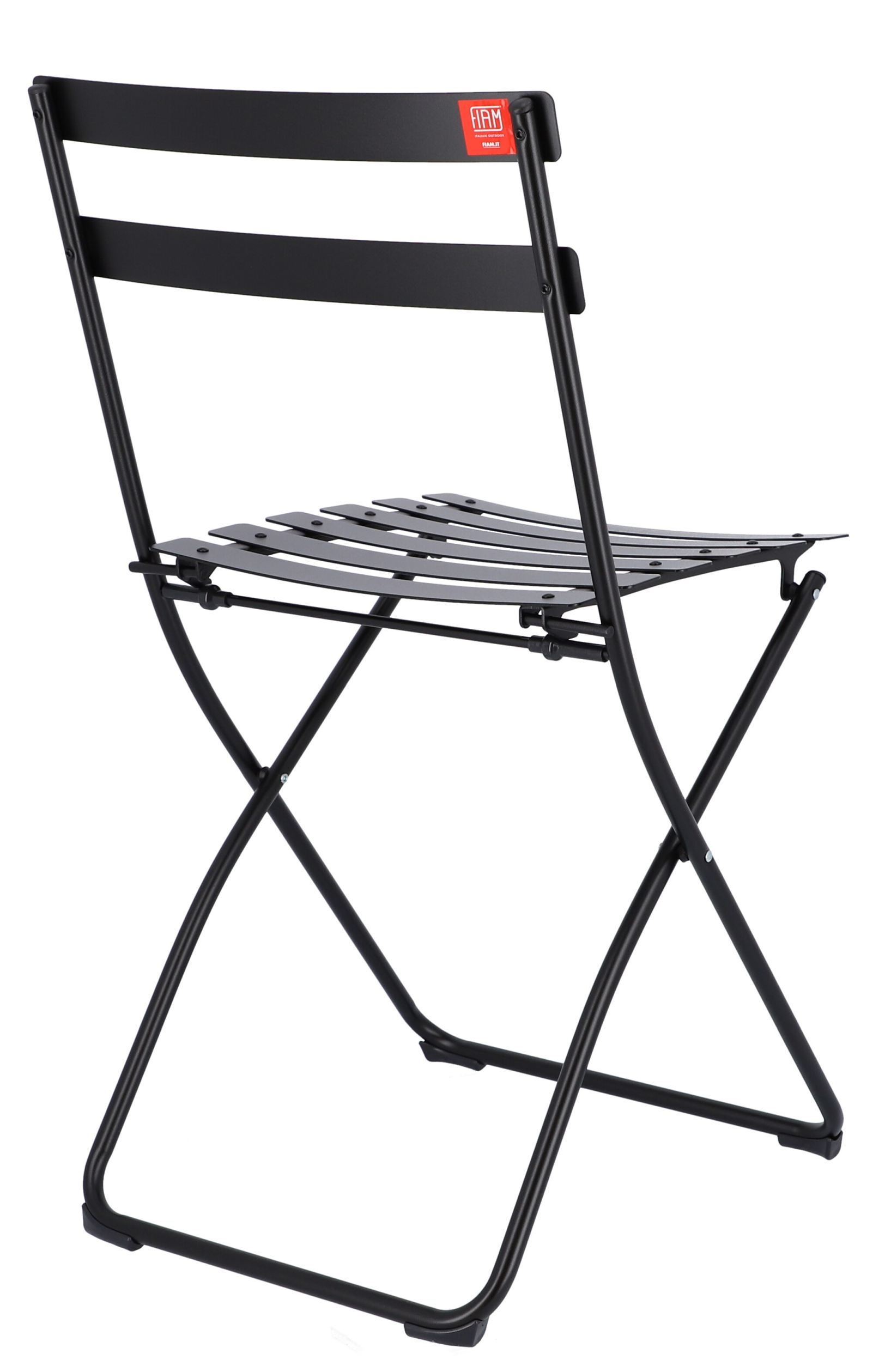 Schwarzer Fiam Klappstuhl für den Outdoor-Bereich, ideal für Garten, Balkon und Terrasse.