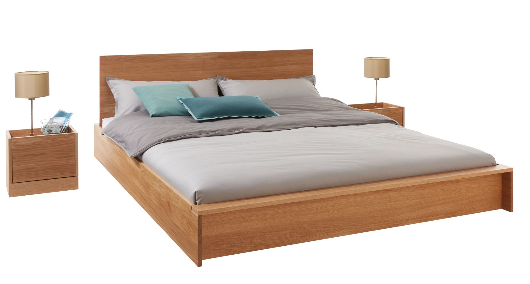 Bett mit Kopfteil aus Eiche, Teil der Flai Bett Kollektion von Müller Möbelwerkstätten.