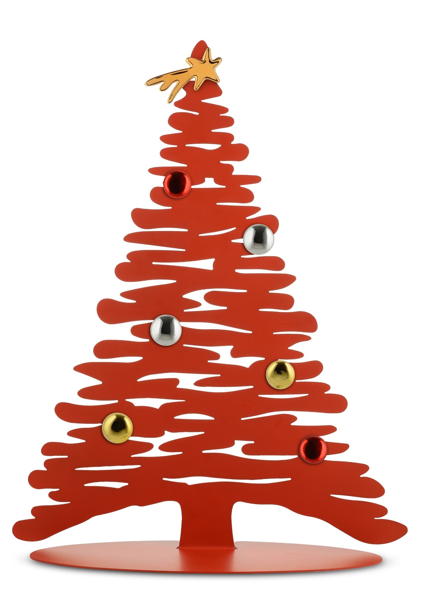 Roter Alessi Bark for Christmas Weihnachtsbaum mit bunten Kugeln und goldenem Stern.