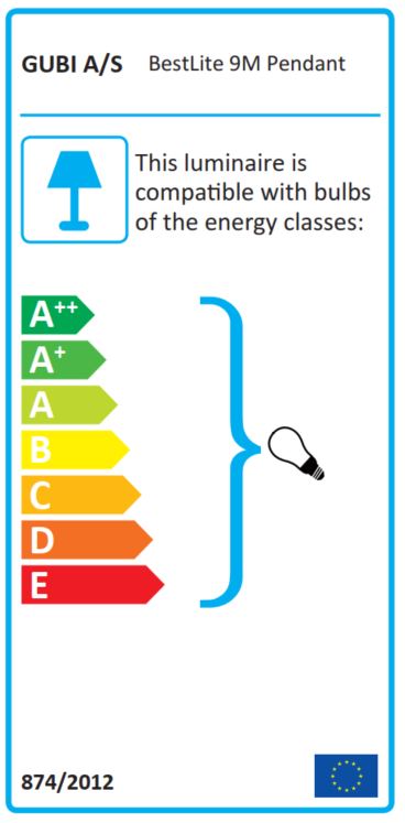 Energieeffizienzlabel der Bestlite BL9M Pendelleuchte von Gubi, kompatibel mit Leuchtmitteln der Klassen A++ bis E.