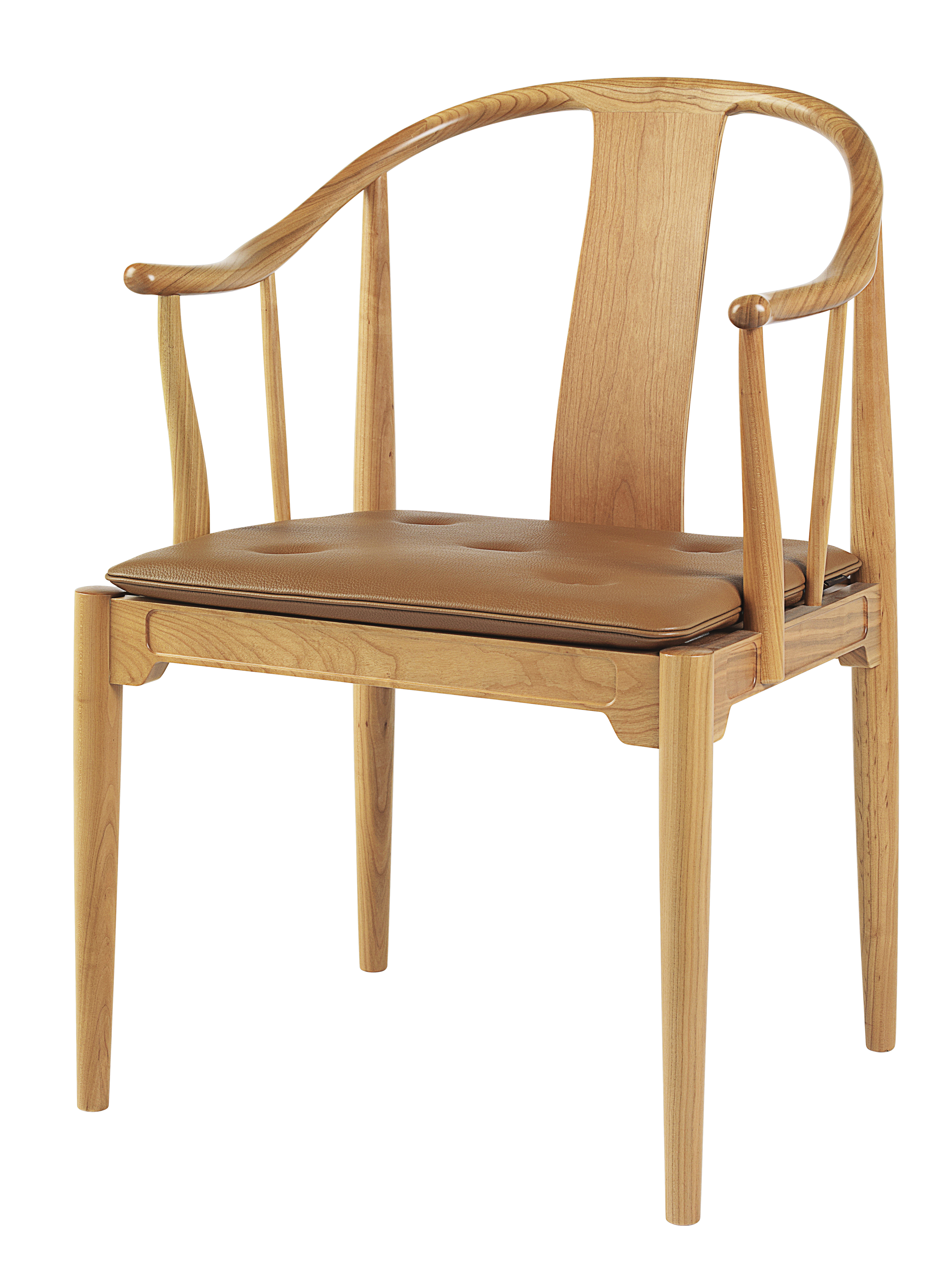 China Chair Stuhl von Fritz Hansen aus hellem Holz mit braunem Lederkissen.