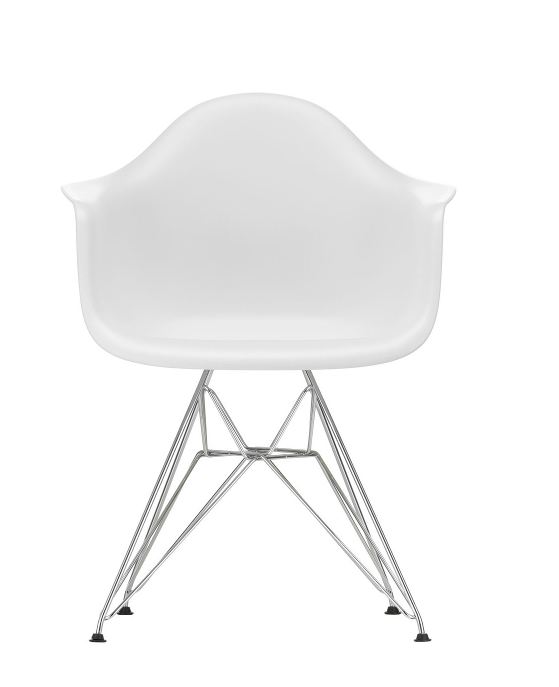 Weißer Eames Plastic Armchair DAR Stuhl von Vitra mit verchromtem Drahtgestell. Designklassiker für Wohnzimmer und Büro.