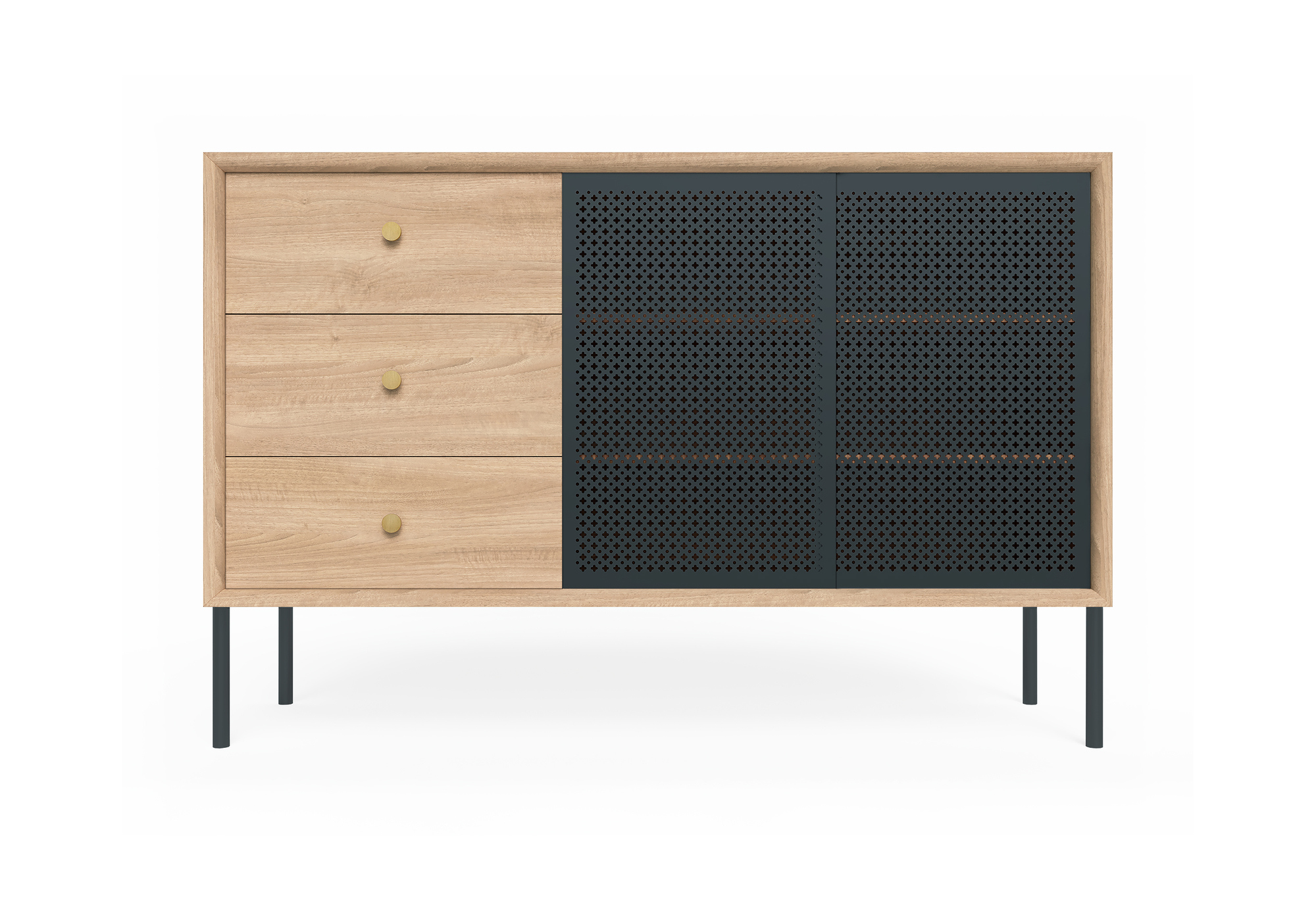 Gabin Sideboard von Hartô: Holzkommode mit drei Schubladen und perforierten Schiebetüren, modernes Möbelstück.