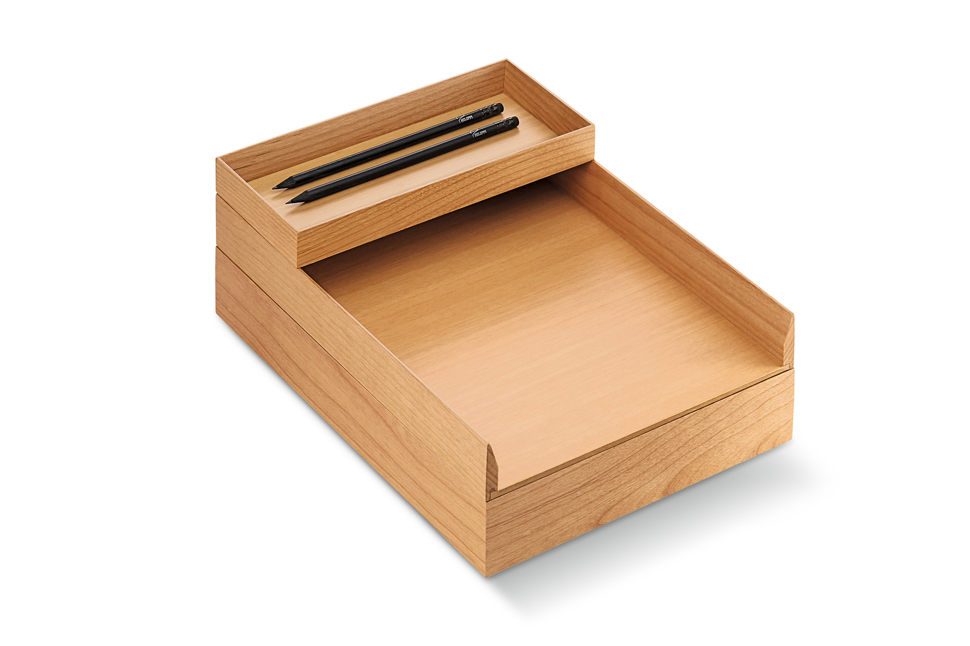 Philippi Script Dokumentenbox aus Holz mit zwei Stiften im oberen Fach.