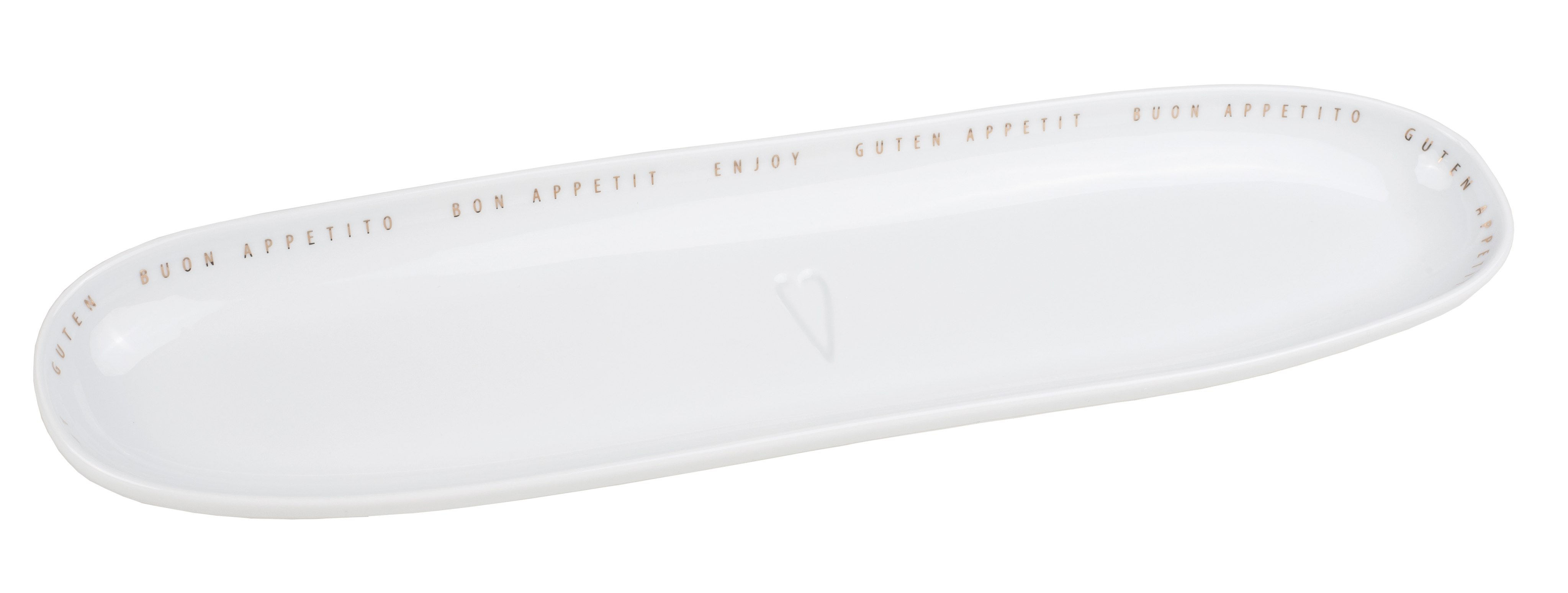 Weiße "Guten Appetit" Servierplatte von Räder mit Schriftzug und Herz, ideal für Tischdeko.
