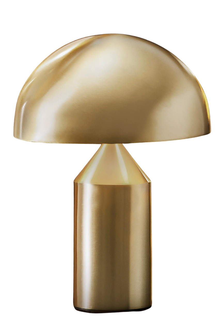 Goldene Atollo Tischleuchte von Oluce: Pilzförmige Designerlampe für stimmungsvolle Beleuchtung im Wohnraum.