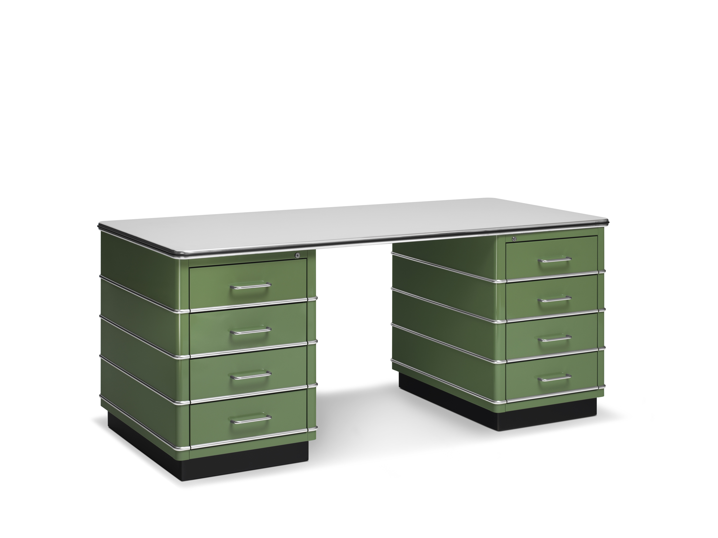 TB229 Classic Line Schreibtisch von Müller Möbelfabrikation in Grün mit Schubladen und silbernen Griffen.
