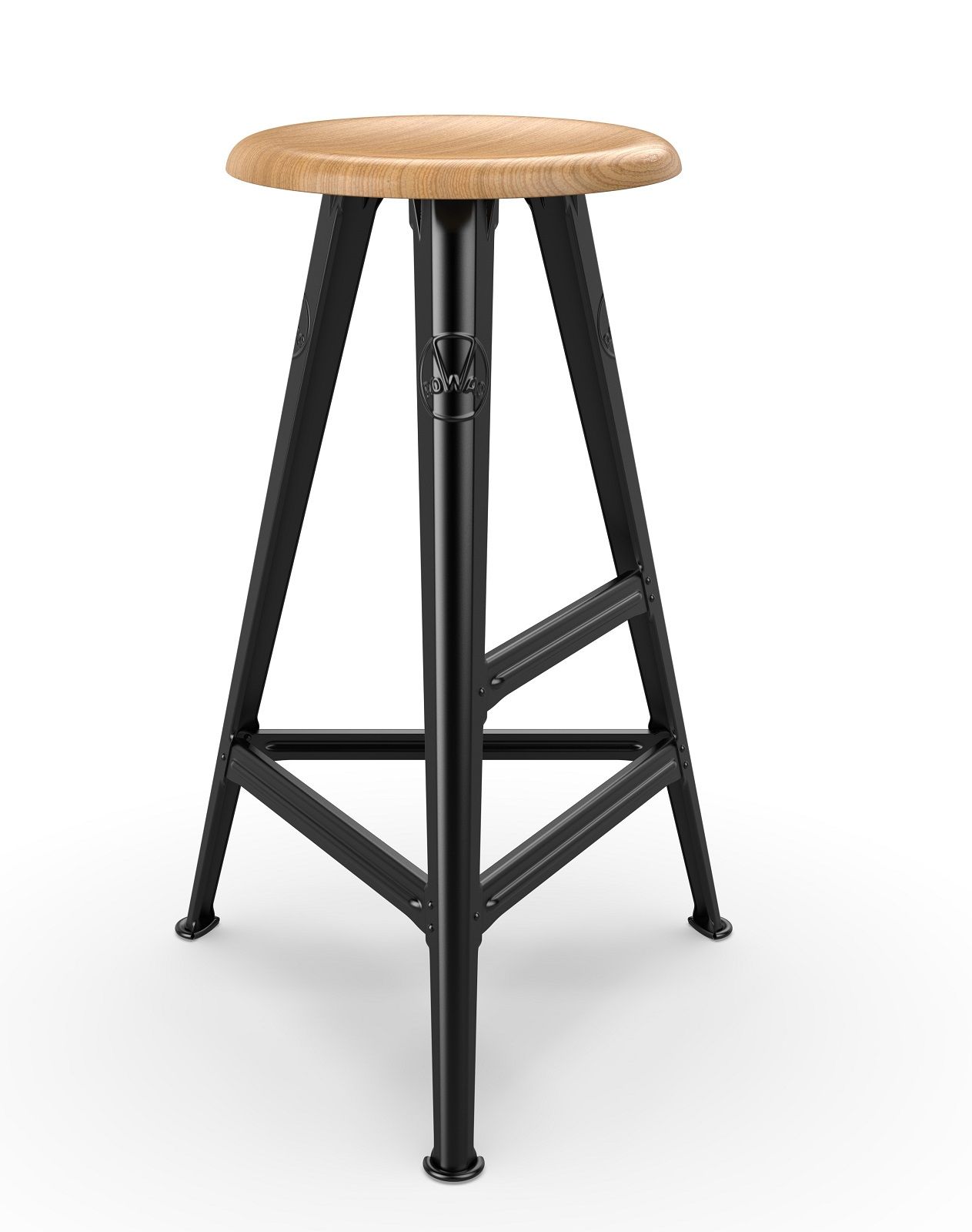 Bild eines Rowac Schemel Barhockers, Modell I, 75 cm, mit schwarzem Metallgestell und hellem Holz-Sitz.