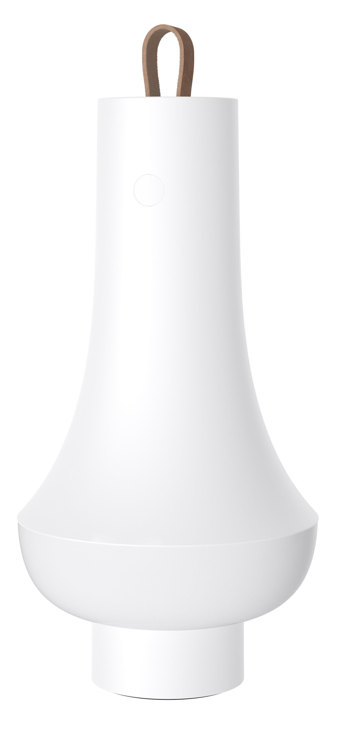 Weiße Tomoshi Portable Akkuleuchte von Louis Poulsen mit braunem Ledergriff für den flexiblen Einsatz.