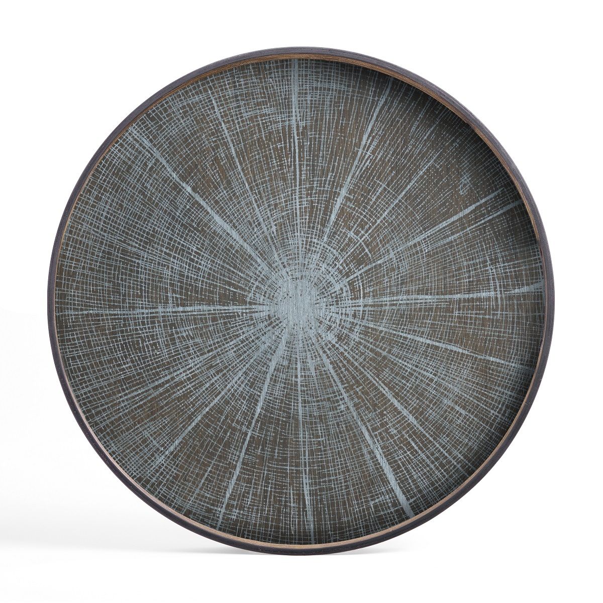 Rundes Slice Holztablett von Ethnicraft mit einzigartigem, strahlenförmigem Muster und dunklem Holzrand.