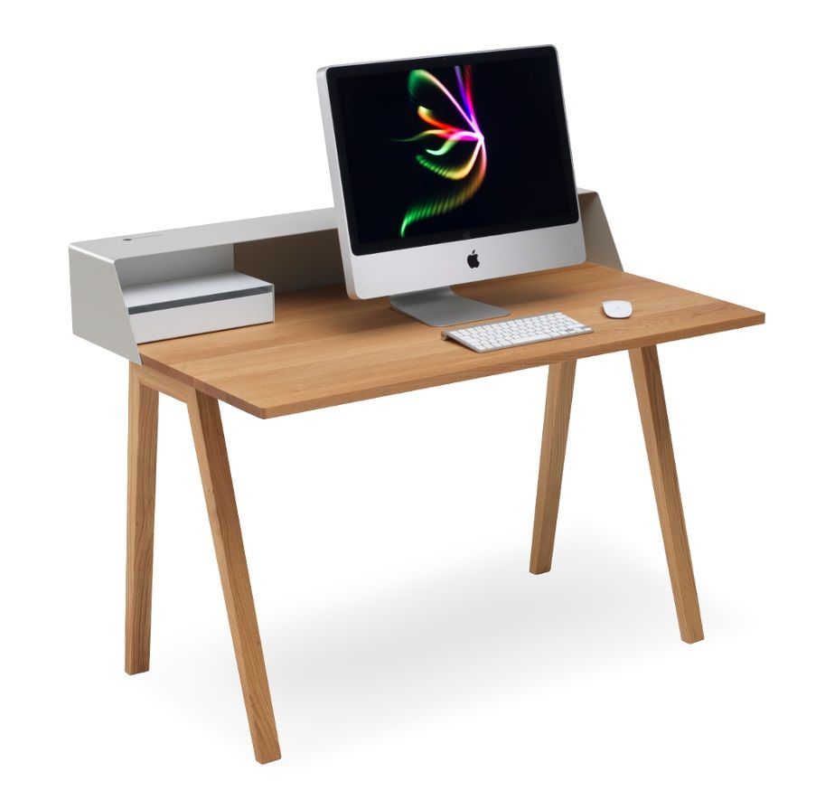 PS05 Sekretär von Müller Möbelfabrikation: Schreibtisch Eiche mit seidengrauem Aufsatz und Computer.