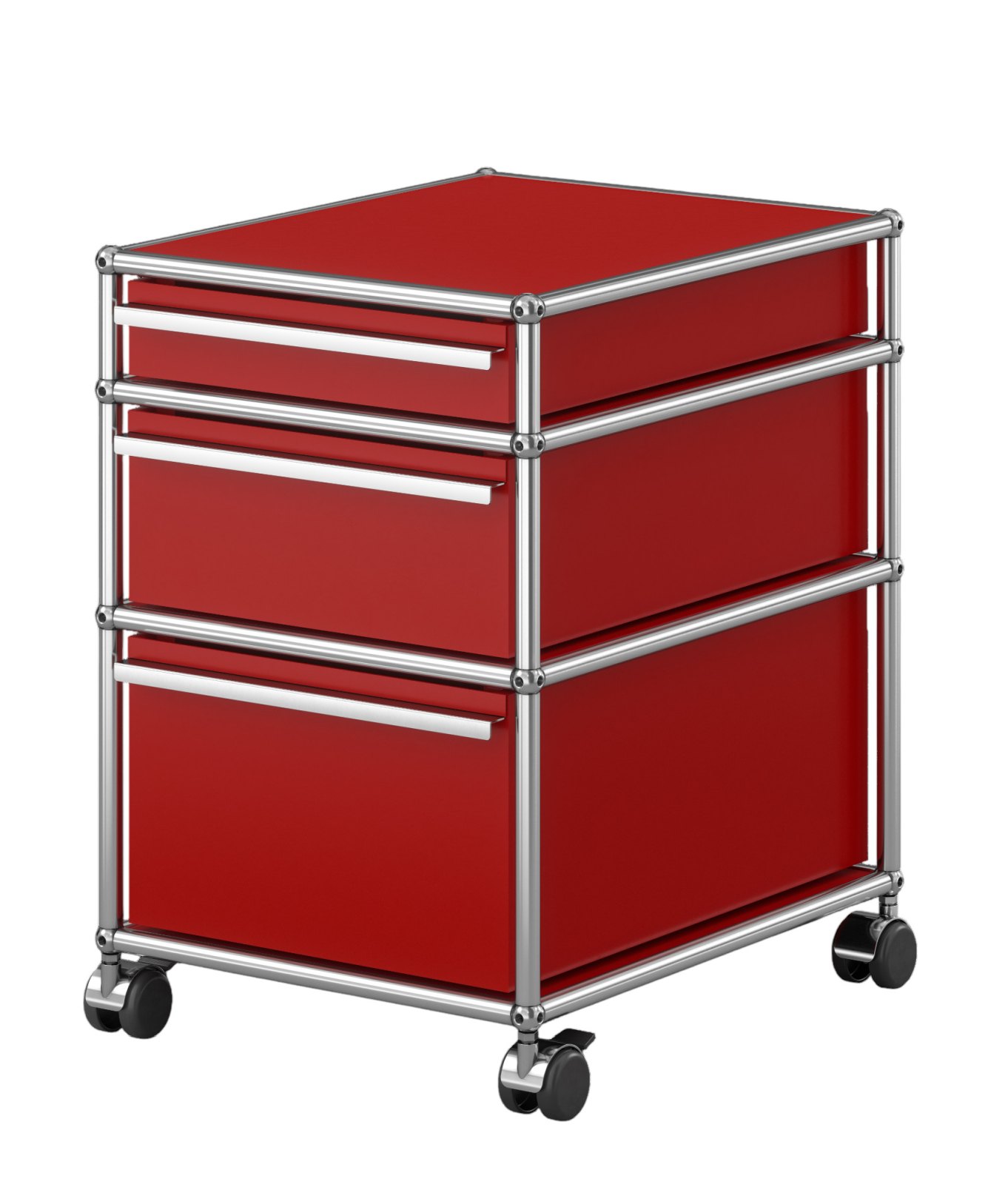 USM Haller Rollcontainer in Rubinrot mit drei Schubladen und verchromtem Gestell auf Rollen.