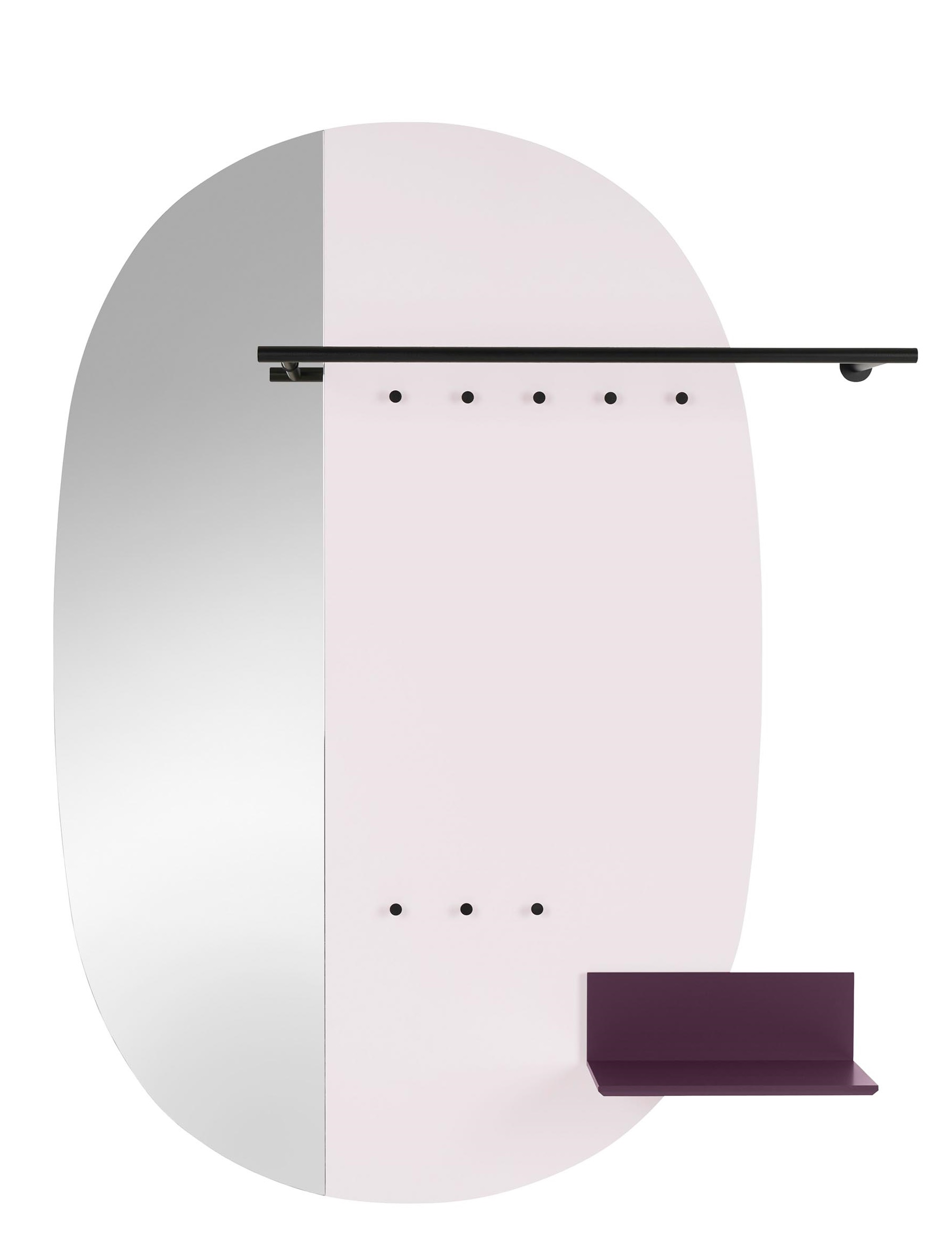 Schönbuch Mask Paneelgarderobe: Moderne Wandgarderobe mit Spiegel, Kleiderstange, Haken und Ablage in Lila.