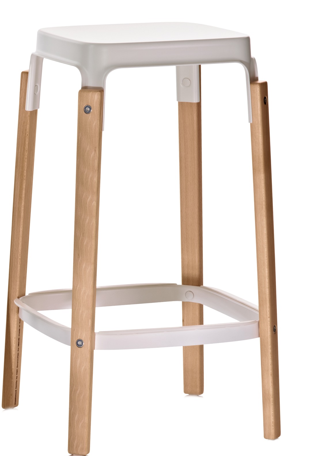 Weißer Steelwood Hocker von Magis mit Holzbeinen, Höhe 68 cm, für Küche und Bar.