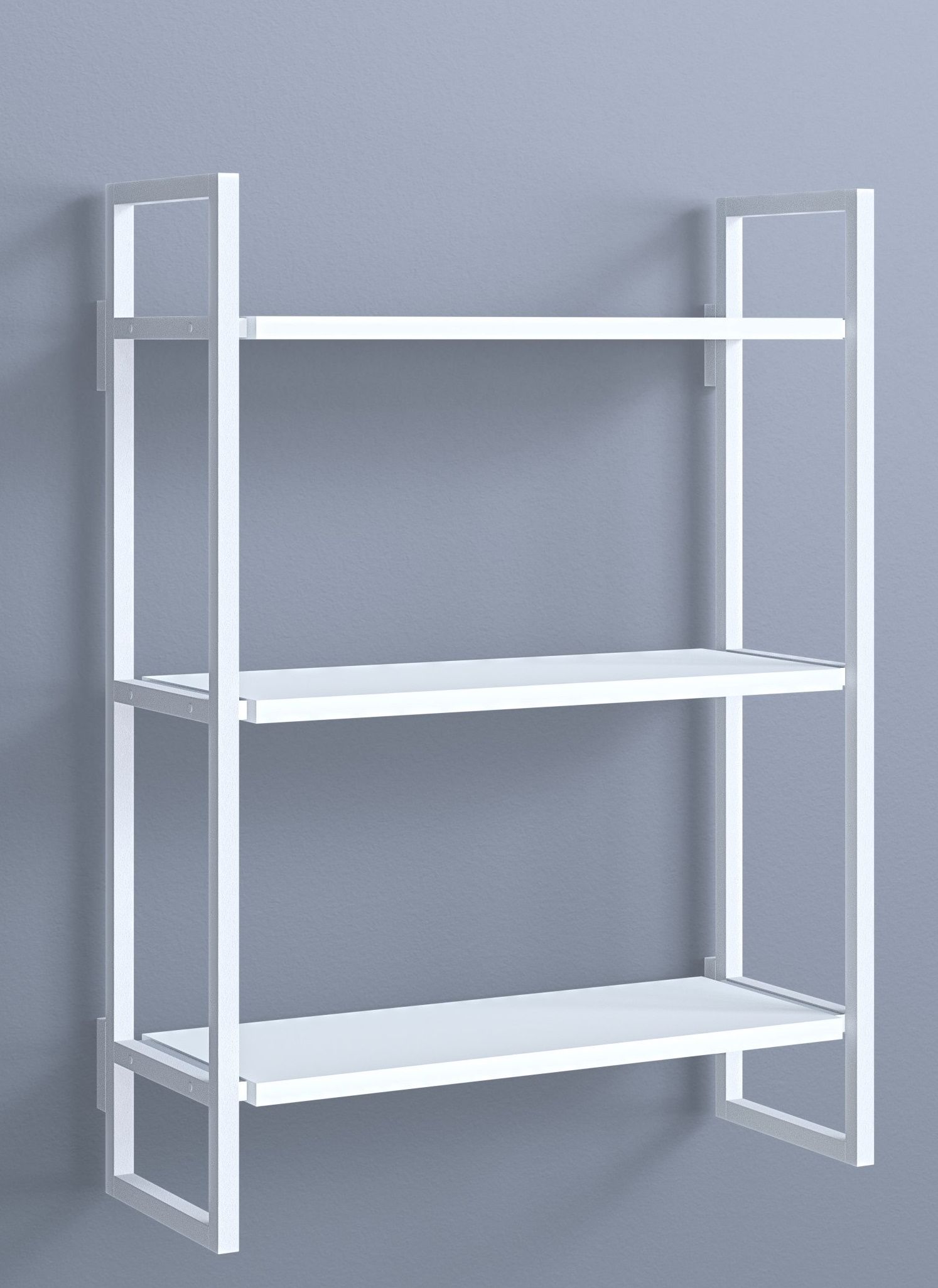 Weißes Oncono Wandregal Grundmodul B mit drei Regalböden an grauer Wand, modernes Design.