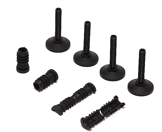 Schwarze Niveauausgleiter und Tischbeine für Eiermann Tischgestelle zur Höhenverstellung und Stabilisierung.