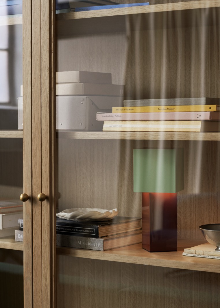 Detailaufnahme des AndTradition Trace Schranks mit Glasfront, Bücher, Lampe und dekorativen Objekten auf Holzregalen.