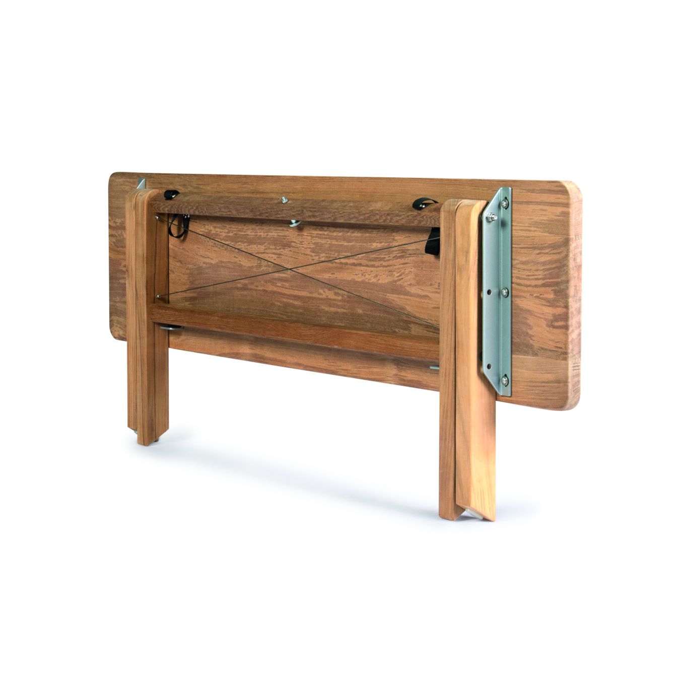 Ansicht der Unterseite der Weishäupl Cross Bank, klappbare Holzbank für Garten und Terrasse.