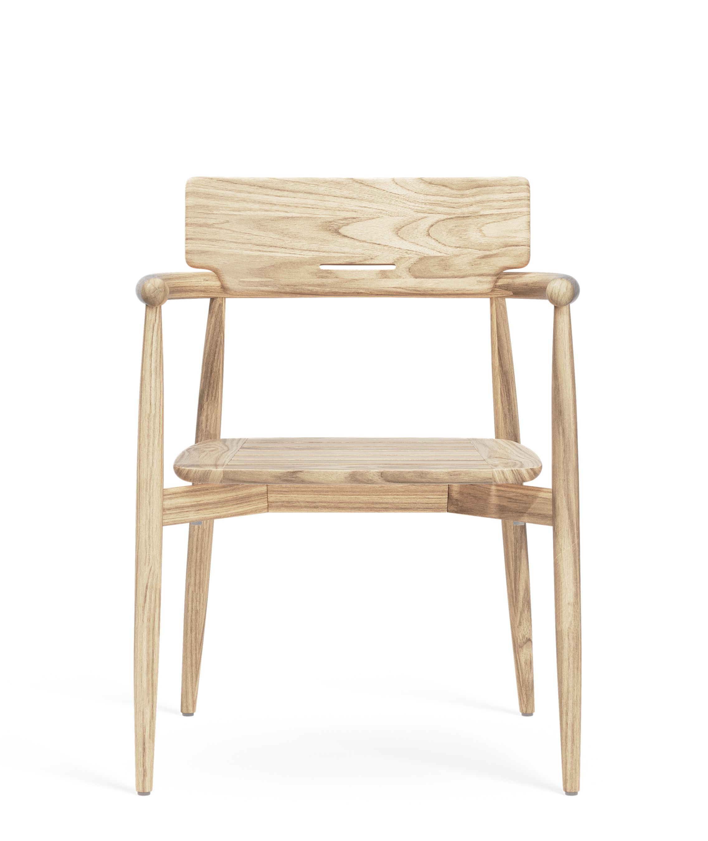 E008 Embrace Stuhl von Carl Hansen & Søn, ein heller Holzstuhl für den Außenbereich.