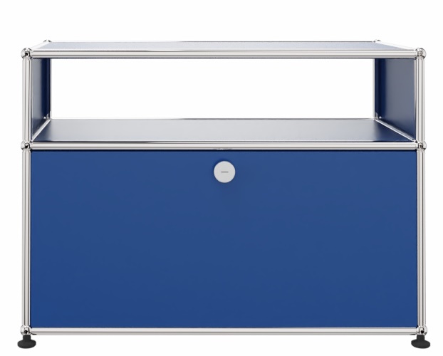 USM Haller Beistellmöbel in Enzianblau mit Schublade und offenem Fach, modernes Designmöbel.