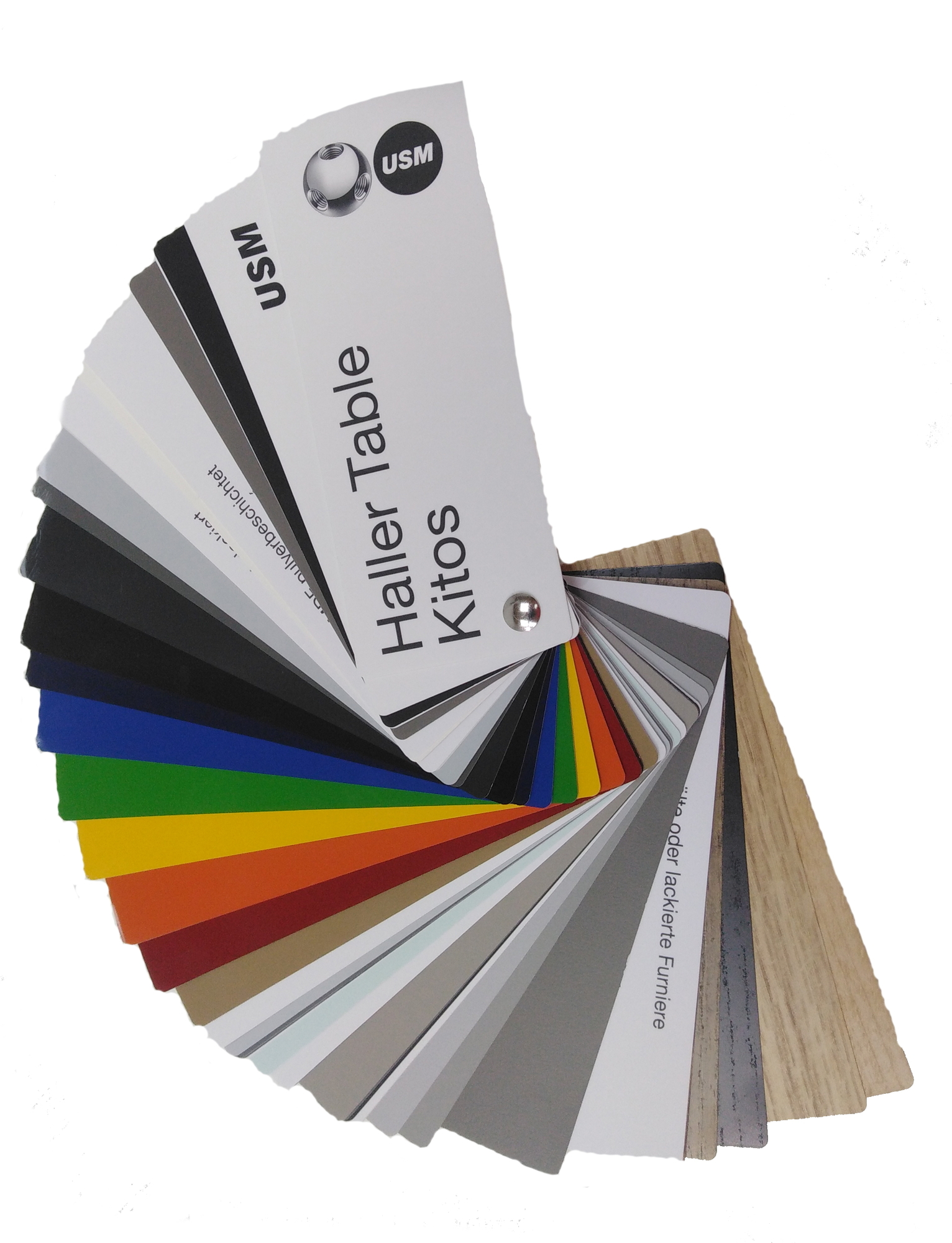 Farbmuster für USM Haller Tische: Farbpalette mit verschiedenen Farben und Materialien für Tischplatten.