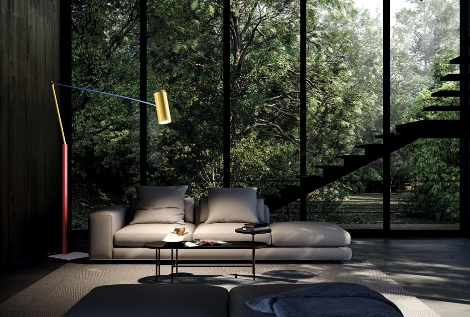 Ettorino BIG Stehleuchte von Catellani & Smith in modernem Wohnzimmer mit Sofa und Fenster.