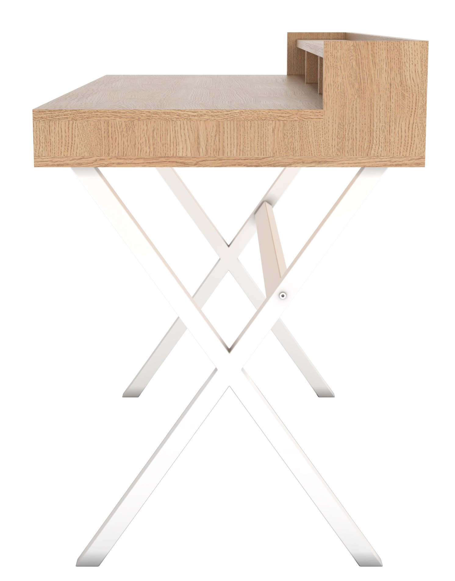 Hyppolite Sekretär: Moderner Schreibtisch mit Holzplatte und weißem X-förmigen Metallgestell. Büro Möbel.