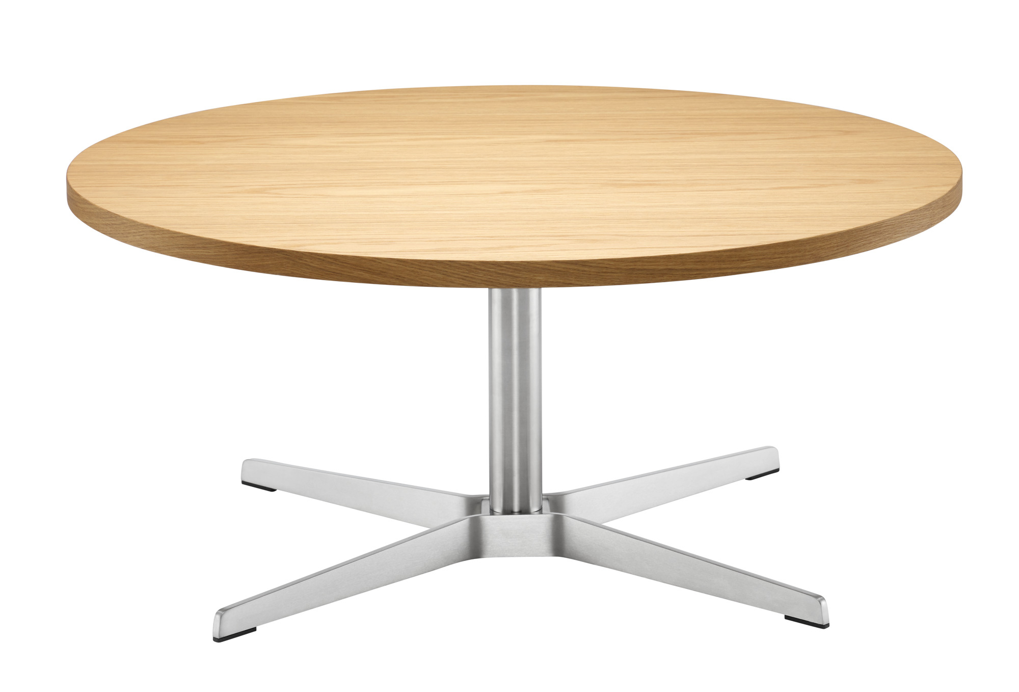 1808 Thonet Beistelltisch: Runder Tisch mit Holzplatte und silberfarbenem Fußkreuz.