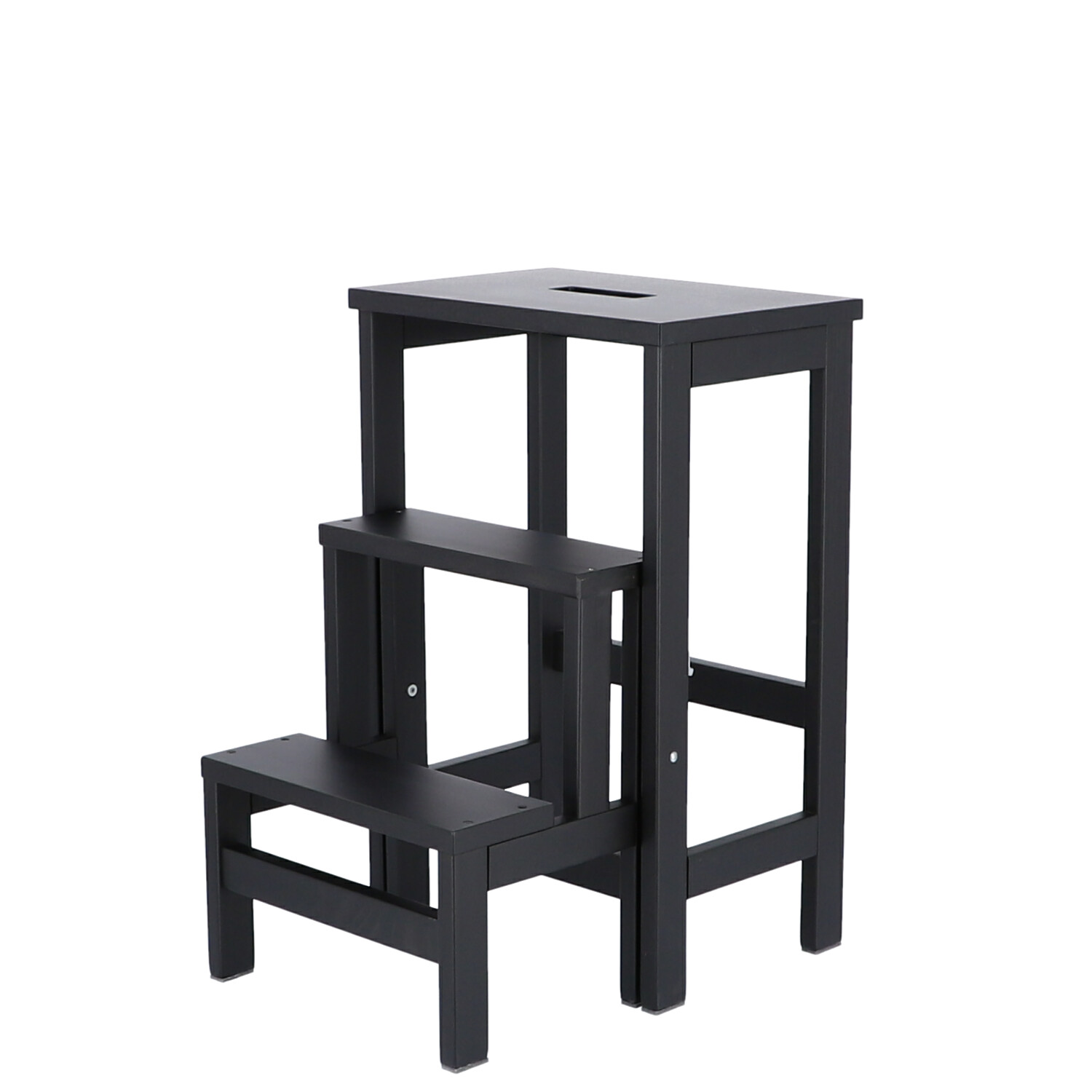 Schwarze Soho Hockerleiter von Jan Kurtz. Multifunktionaler Tritthocker mit zwei Stufen für den Haushalt.