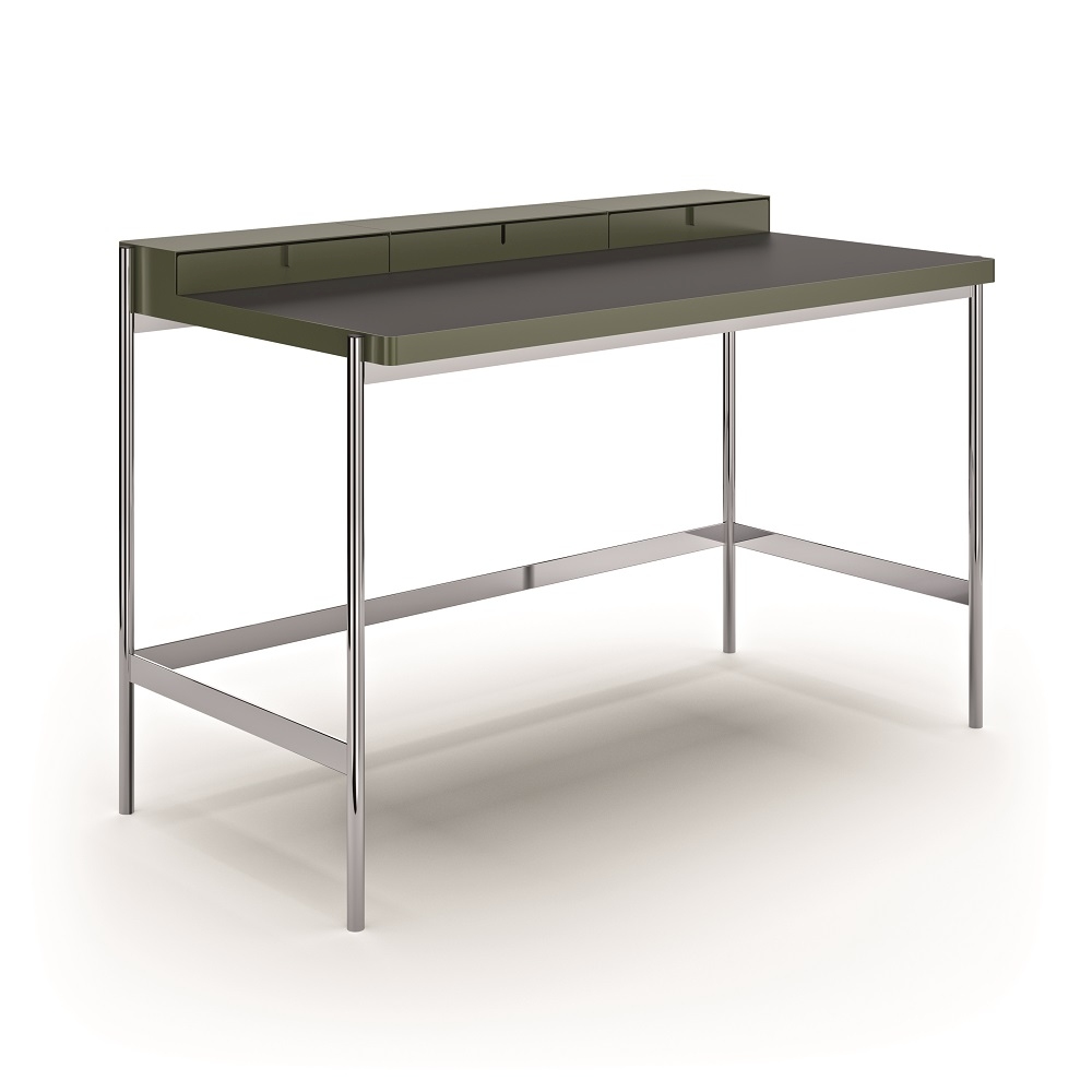 PS20 Schreibtisch von Müller Möbelfabrikation mit Chromgestell und grüner Tischplatte. Moderner Bürotisch.