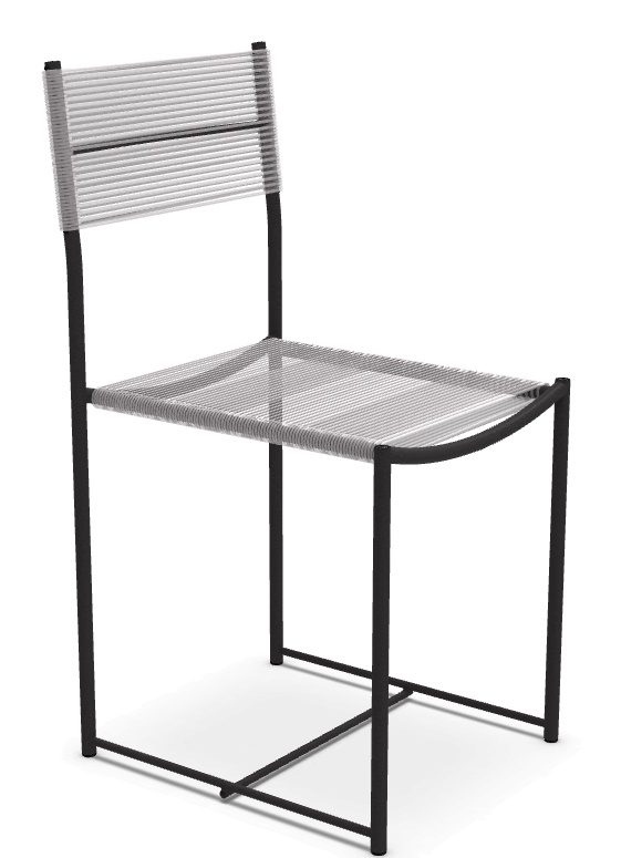 Schwarzer Spaghetti Chair mit farbloser PVC-Bespannung. Moderner Stuhl für Esszimmer und Wohnbereich.